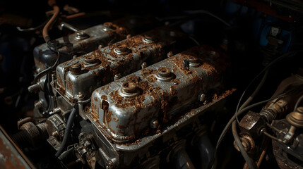 High-resolution image of corroded automotive engine block with dirt, rust, and worn mechanical parts