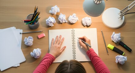 Fototapeta premium Creative writing process concept for writers block with crumpled paper and notepad on wooden desk top view