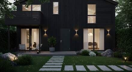Fototapeta premium Modern Black House Exterior at Dusk, Architectural Render