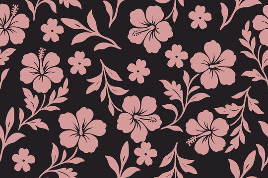 Seamless hibiscus floral pattern in soft pink on black background. Elegant tropical design perfect for fabric, fashion, wallpaper, and stylish decoration.