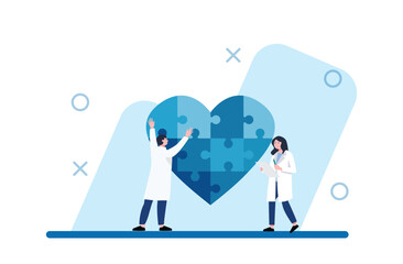 Medical Team Completing Heart Puzzle in Clean, Modern Style