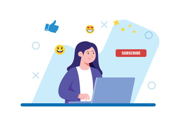 Smiling Woman Using Laptop with Emoji and Subscribe Button Graphic