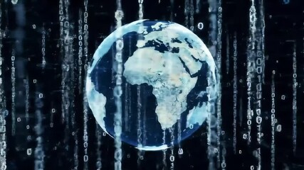 Digital World Connection: An artistic rendering of planet earth, encased within a digital matrix of cascading binary code, embodying the interconnectedness of the modern digital age. - Powered by Adobe