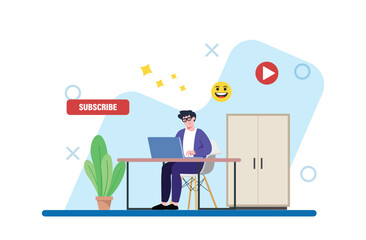 Man Working at Desk With Laptop in Flat Design Room