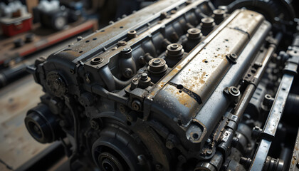 Fototapeta premium Top-down close-up of a car engine block with oil stains and visible bolts on a mechanic’s workbench