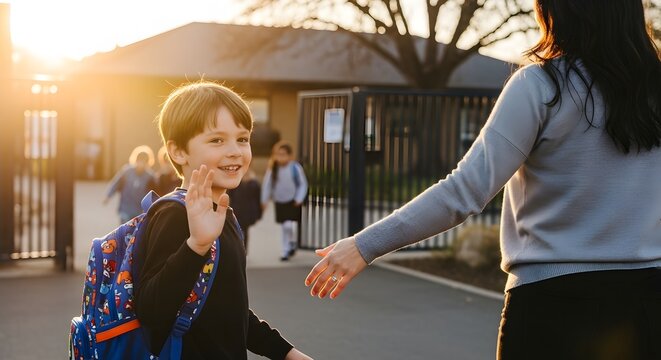 Back to school boy waving goodbye to mom at school gate happy child education lifestyle concept