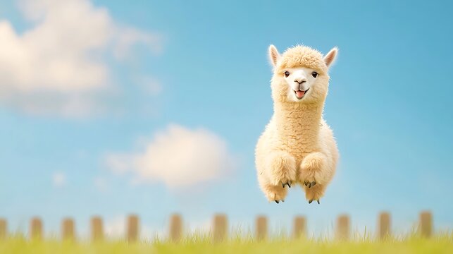 Joyful alpaca leaping against a bright blue sky