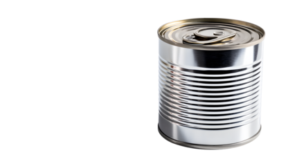 A shiny metal can with a pull tab on a transparent background