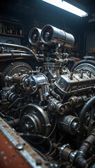 Obraz premium Partial view of chrome V8 engine with worn and greasy components in dim garage lighting