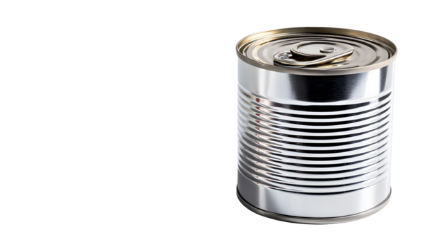 A shiny metal can with a pull tab on a transparent background