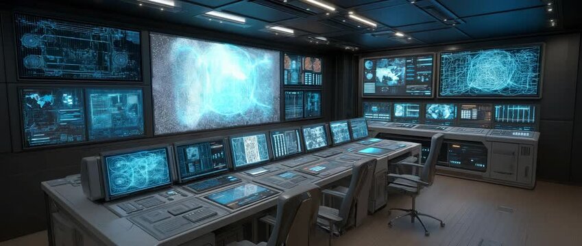 Blue monitors and holographic models in a futuristic control room
