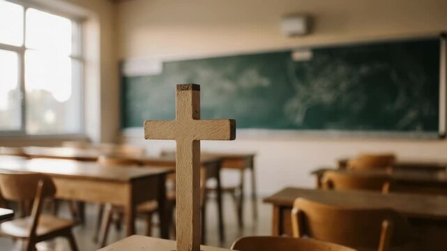 Wooden cross standing on a desk in an empty classroom with chairs and blackboard