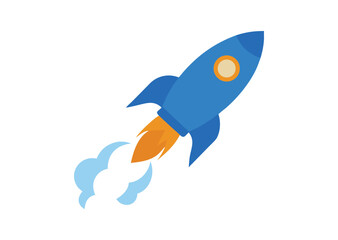 Obraz premium Blue and orange rocket launching with smoke trails vector illustration