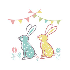 Whimsical Floral Rabbits – Cute Spring Bunny Illustration

