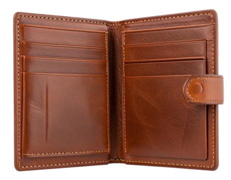 Classic Brown Leather Wallet with Card Slots and Stitching – Transparent Background PNG - Powered by Adobe