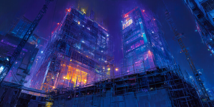 cyberpunk city, rogue engineers sabotage a mega-structure construction
