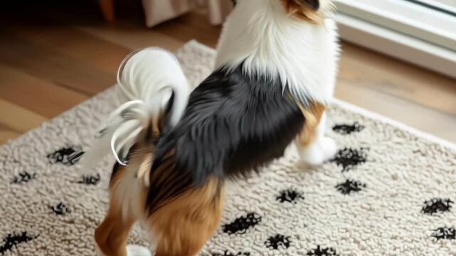 Small puppy dog with fluffy tricolor fur and expressive eyes standing on indoor carpet with paw print patterns showing curiosity and alertness