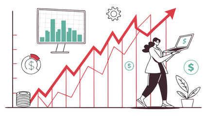 Financial growth chart business woman with laptop showing investment and market analytics performance data