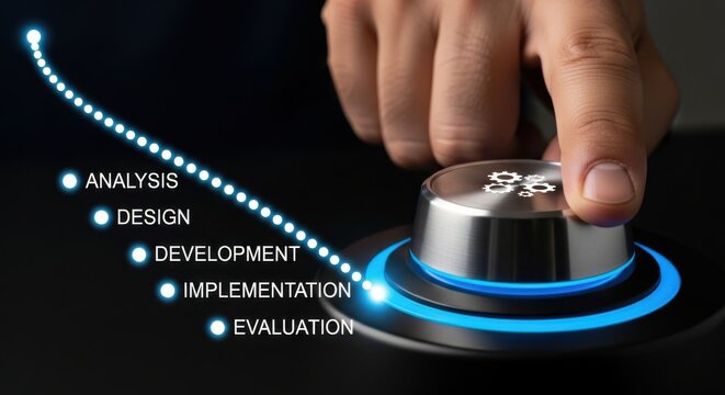 A hand turns a control knob with steps of analysis, design, development, implementation, and evaluation