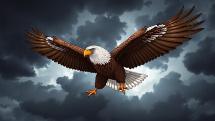 Fototapeta premium Illustration of a bald eagle soaring through a stormy sky with outstretched wings and detailed feathers created with generated ai