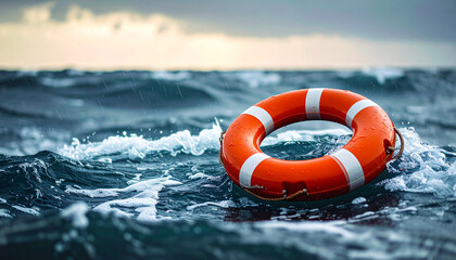 Orange life preserver floating on stormy ocean waves under cloudy sky, symbolizing emergency help and safety in rough sea conditions with dramatic lighting and water splashes