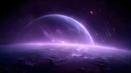 Obraz premium Purple planet with shooting stars above.