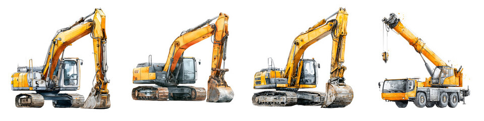 Fototapeta premium Watercolor Construction Equipment: Excavators and Crane