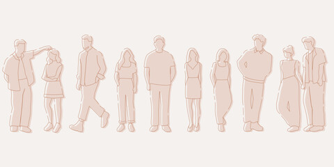 flat minimal people male and female vector illustration in spring summer clothing concept isolated set collection. Outline with silhouette shadow. For architecture, design, info graphic, media