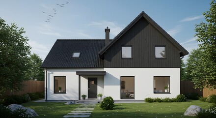 Modern Home Exterior with Black and White Facade and Landscaping