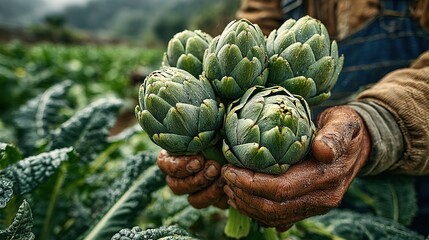 Fototapeta premium Fresh Farmed Artichokes with Farmers Harvesting in the Background for Advertising Photography
