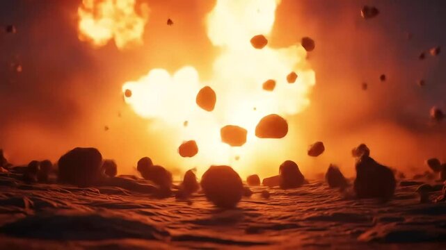 A fiery explosion sends rocks and debris flying across a barren, desolate landscape, creating a scene of destruction and chaos.