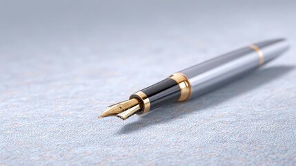 Grind and rise, A close-up image of an elegant fountain pen, showcasing its fine nib and sleek design against a soft, textured background.