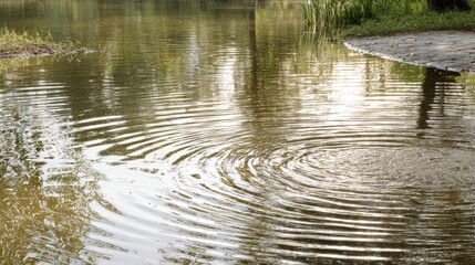 Naklejka premium Calm river with gentle ripples reflecting sunlight near lush green grassy bank and stone pathway in a serene natural setting
