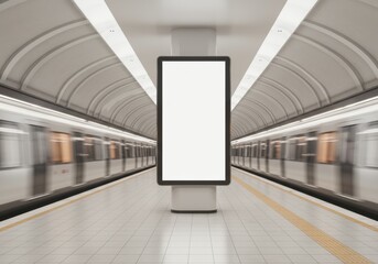 A brightly lit subway station features a large, empty advertising display with trains in motion blur