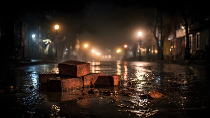 Fototapeta premium Wet bricks on a city street at night.