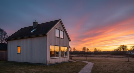 Obraz premium Modern House at Sunset: Tranquil Residential Landscape