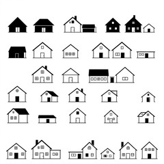 Fototapeta premium Illustration of a variety of simple black and white house icons with different roof and window styles created with generated ai