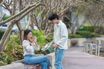 Fototapeta premium Asian Couple Exchanging Gifts Outdoors