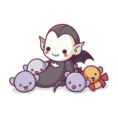 Cute cartoon vampire with his teddy bears isolated on white background