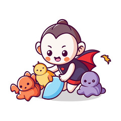 Adorable cartoon vampire playing with toys isolated on white background