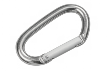 Close-up of a carabiner featuring a spring-loaded gate, isolated on a transparent background, ideal for safety and climbing applications