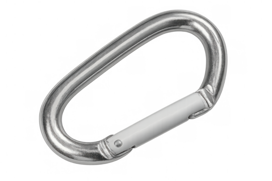 Close-up of a carabiner featuring a spring-loaded gate, isolated on a transparent background, ideal for safety and climbing applications
