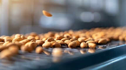 Almonds falling and tumbling on a conveyor belt in a food processing facility