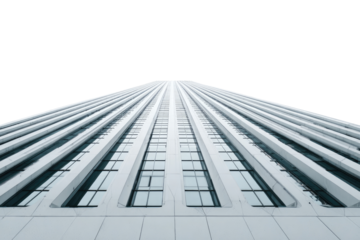 Elevated view of a tall, modern skyscraper.  Vertical lines of windows ascend to a vanishing point
