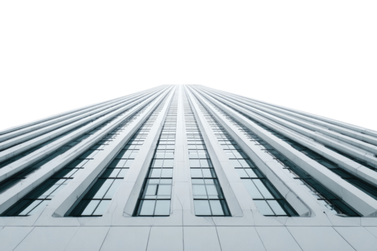 Elevated view of a tall, modern skyscraper.  Vertical lines of windows ascend to a vanishing point