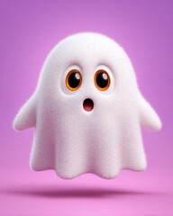 Obraz premium Cute fluffy ghost character floating with surprised expression against a purple background