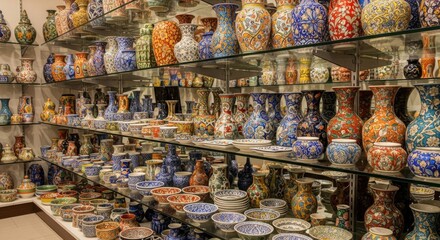 Fototapeta premium A Captivating Display of Handcrafted Ceramic Vases and Bowls Adorning Store Shelves