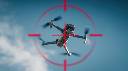 Drones are engaged in aerial maneuvers, captured through a targeting scope overlay. The drone flying in formation against a clear blue sky