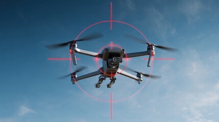 Drones are engaged in aerial maneuvers, captured through a targeting scope overlay. The drone flying in formation against a clear blue sky