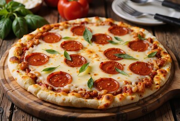 A delicious homemade pizza topped with pepperoni and fresh basil leaves sits on a wooden board, surrounded by a fork, knife, and a plate 